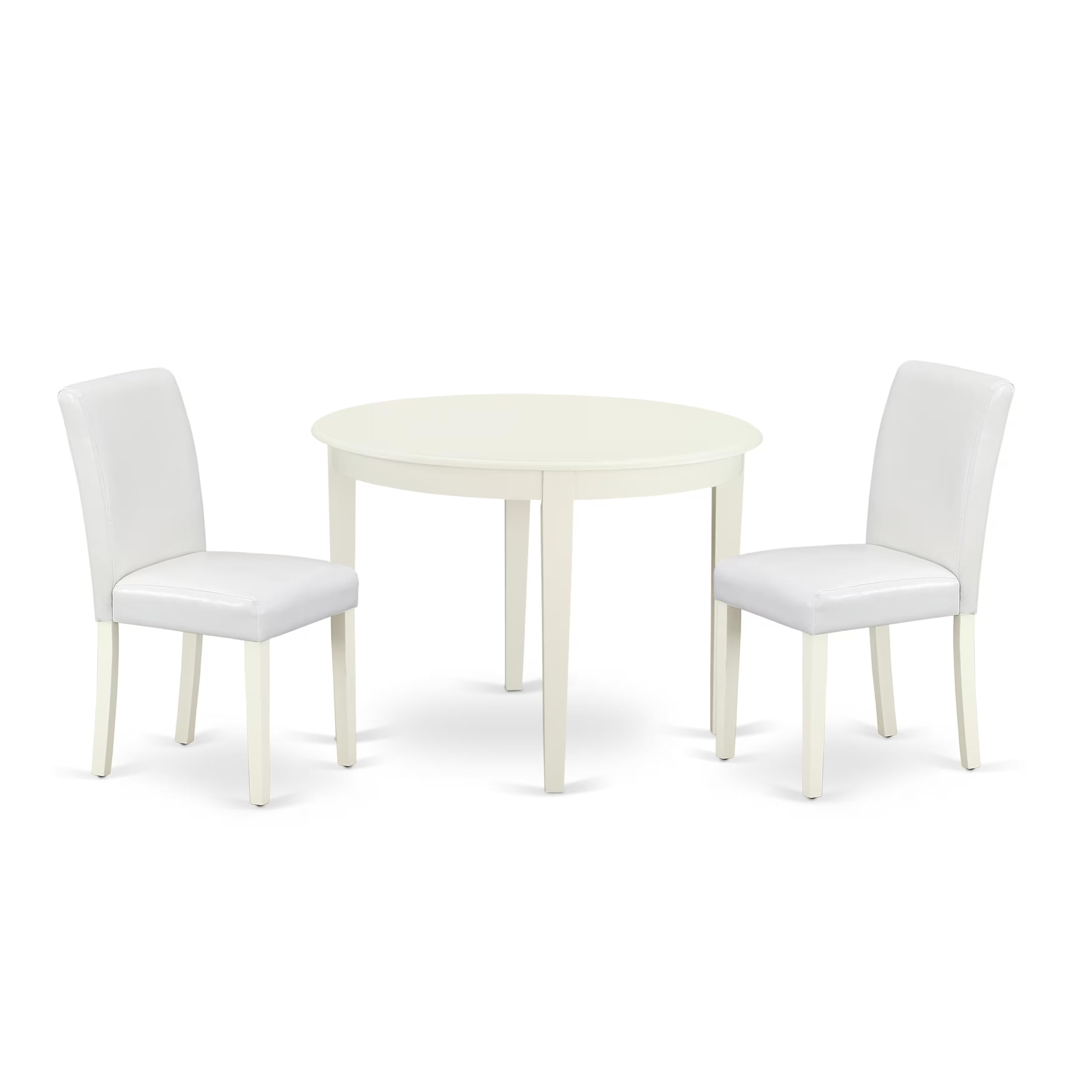 East West Furniture Boab3-Lwh-64 3 Piece Dining Set Contains A Round Kitchen Table And 2 White Faux Leather Parson Dining Room Chairs, 42X42 Inch, Linen White